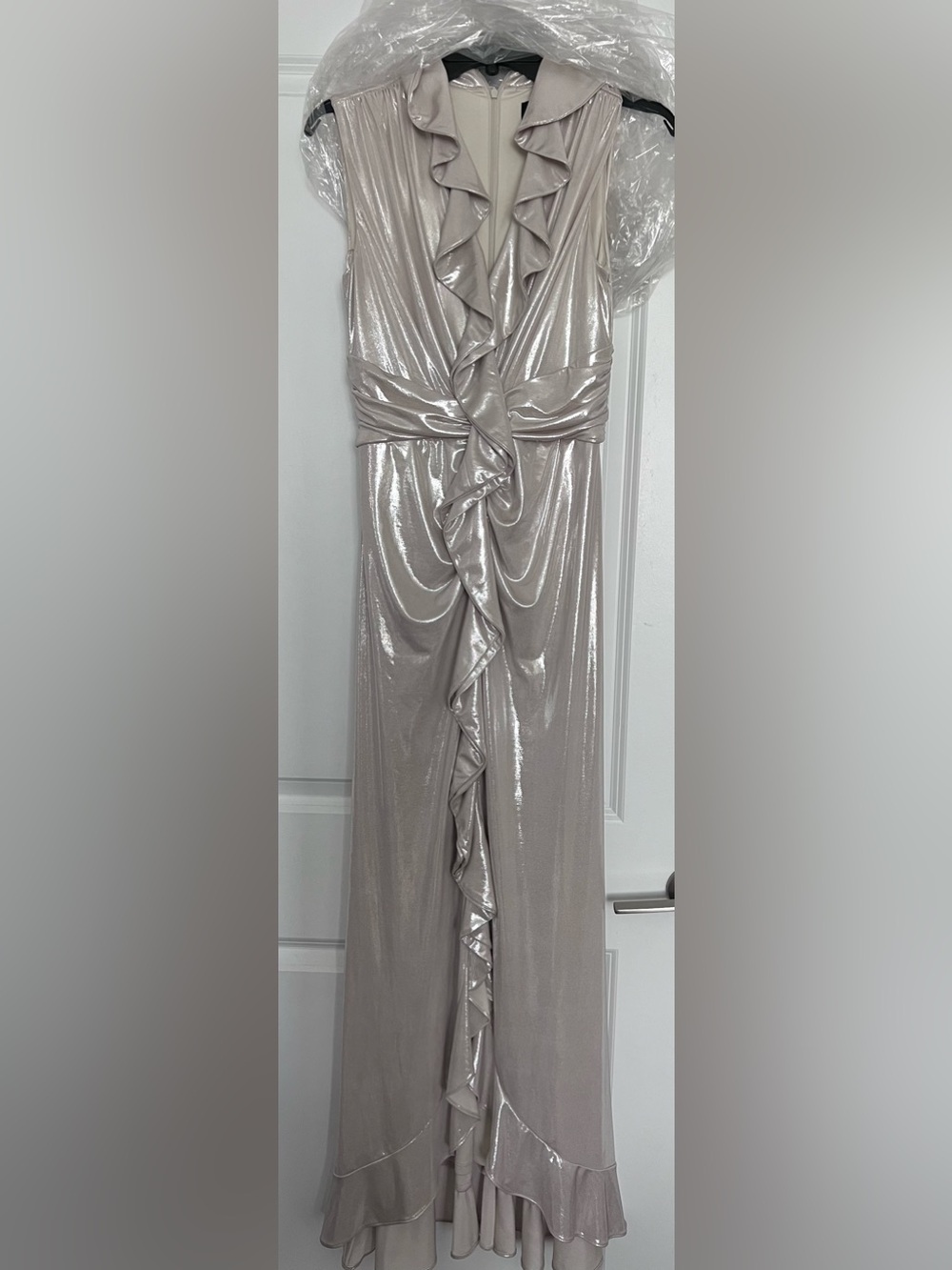 DKNY Metallic Cream/Beige Ruffle-Front Maxi Dress